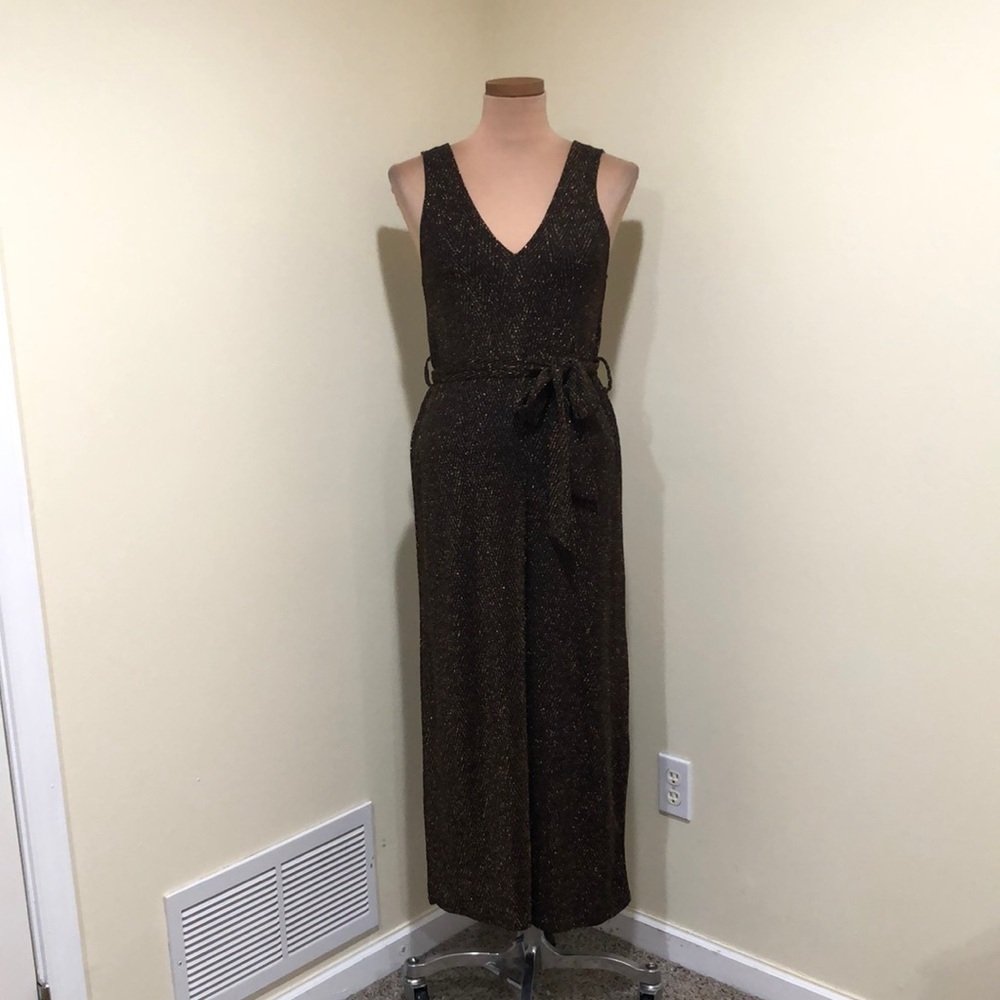 Francesca’s Collection Lush Wide Leg Jumpsuit Size Small Black Bronze Chevron - Picture 3 of 11